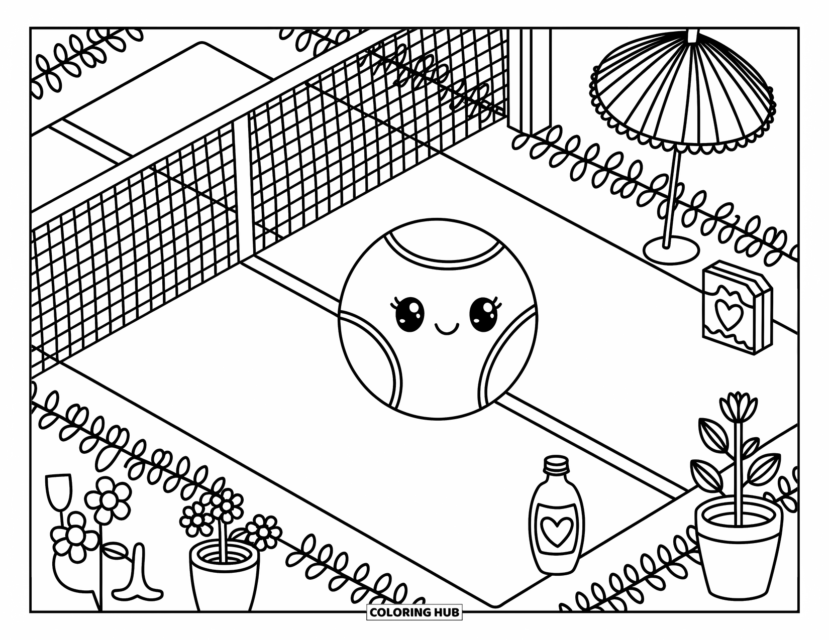 Ball Coloring Page for Adults: A kawaii tennis ball sits among vines, flowers, a parasol, and juice bottle
