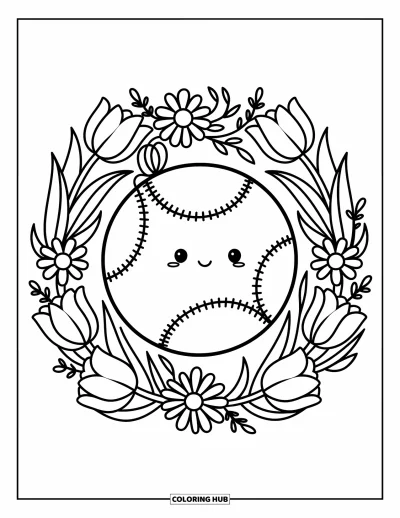 Coloriage de balle pour adultes : Une balle de tennis kawaii enveloppée dans une couronne fleurie de tulipes et de marguerites