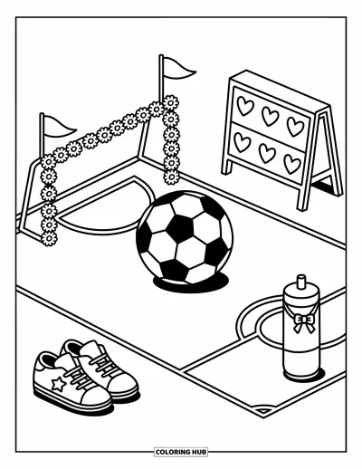 Coloriage de balle pour adultes : Un mini terrain de foot avec un ballon, un tableau des scores en forme de cœur et une bouteille enrubannée
