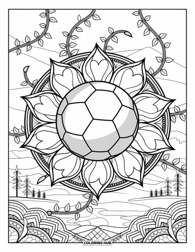 Coloriage de balle pour adultes : Un ballon de foot orné de lierre et de pétales repose dans une composition mandala détaillée