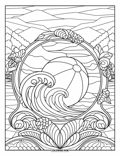 Coloriage de balle pour adultes : Une scène de vitrail avec un ballon de plage au milieu de montagnes, d'arbres et d'un ciel lumineux