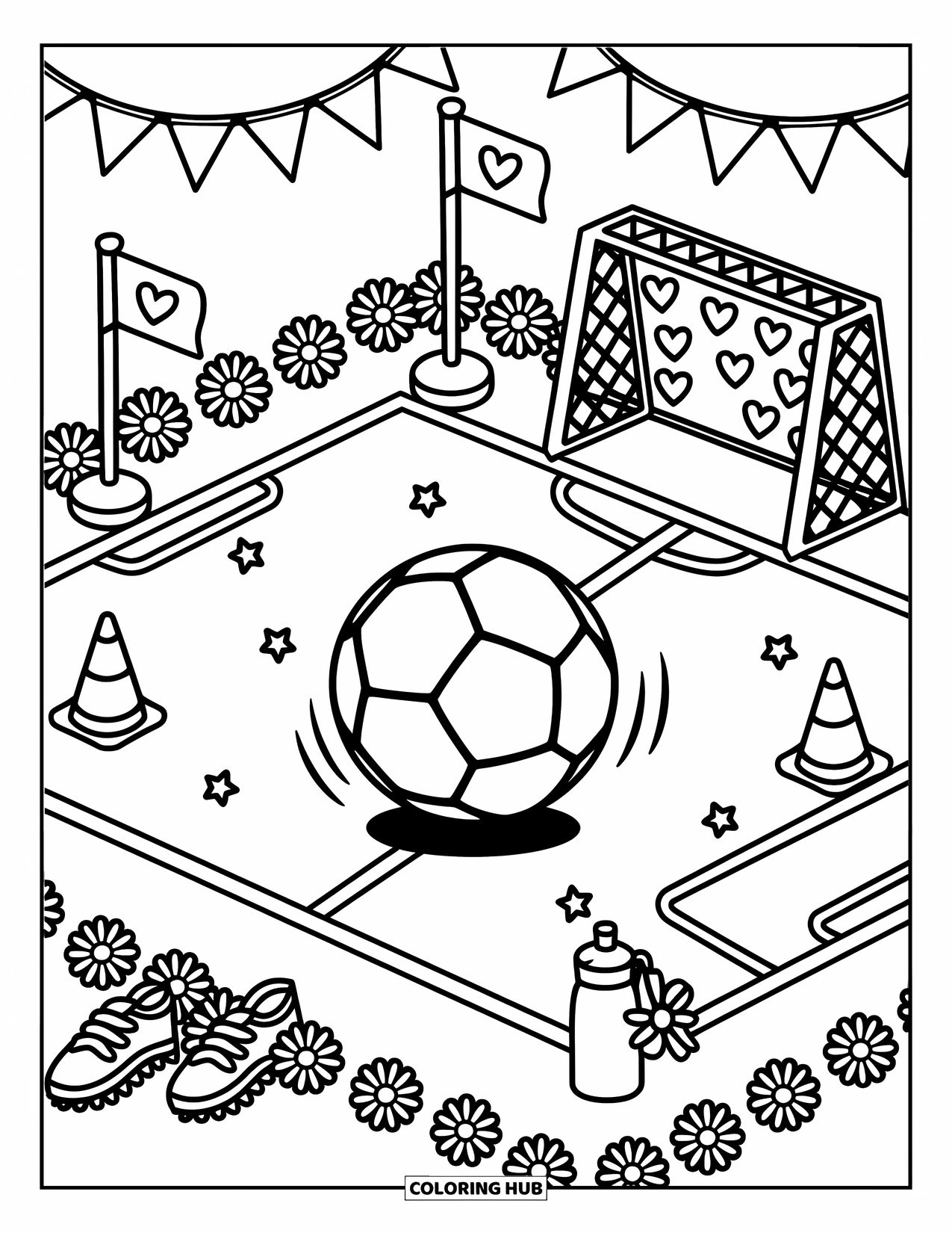 Ball Coloring Page for Adults: A sweet soccer field scene with daisies, flags, sneakers, and a rolling soccer ball