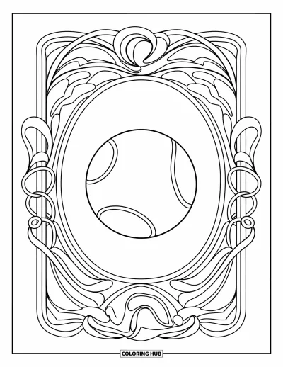 Coloriage de balle pour adultes : Un cadre Art nouveau aux courbes élégantes entoure une balle de tennis aux contours nets et marqués