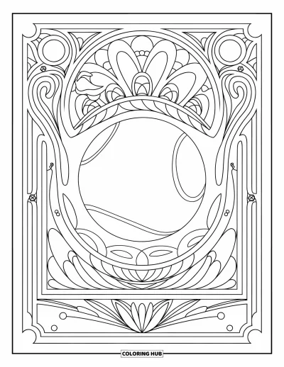 Coloriage de balle pour adultes : Une balle de tennis est insérée dans de délicats motifs Art nouveau sur un fond épuré