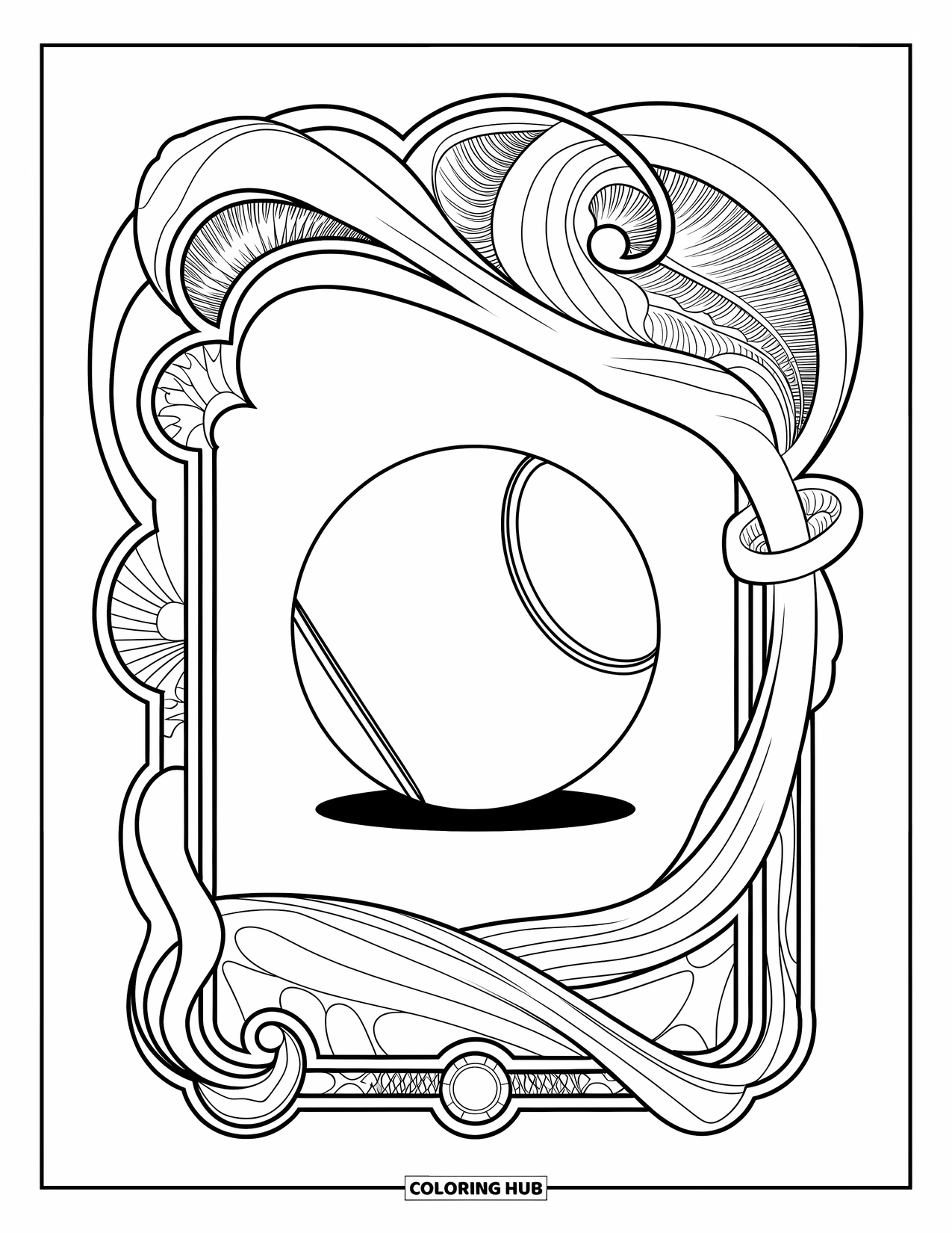 Ball Coloring Page for Adults: A tennis ball is nestled in flowing, ornate frame lines with a calm backdrop