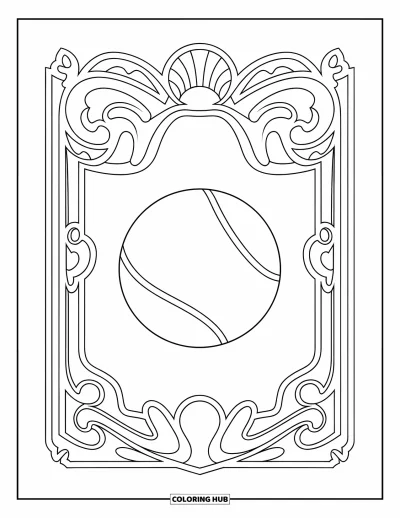 Coloriage de balle pour adultes : Une balle de tennis est placée dans un cadre raffiné aux motifs Art nouveau tourbillonnants