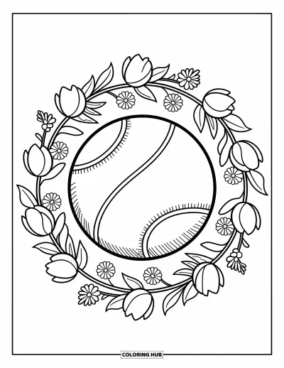 Coloriage de balle pour adultes : Une balle de tennis ornée de tourbillons est entourée d'une couronne de fleurs et de douces lianes