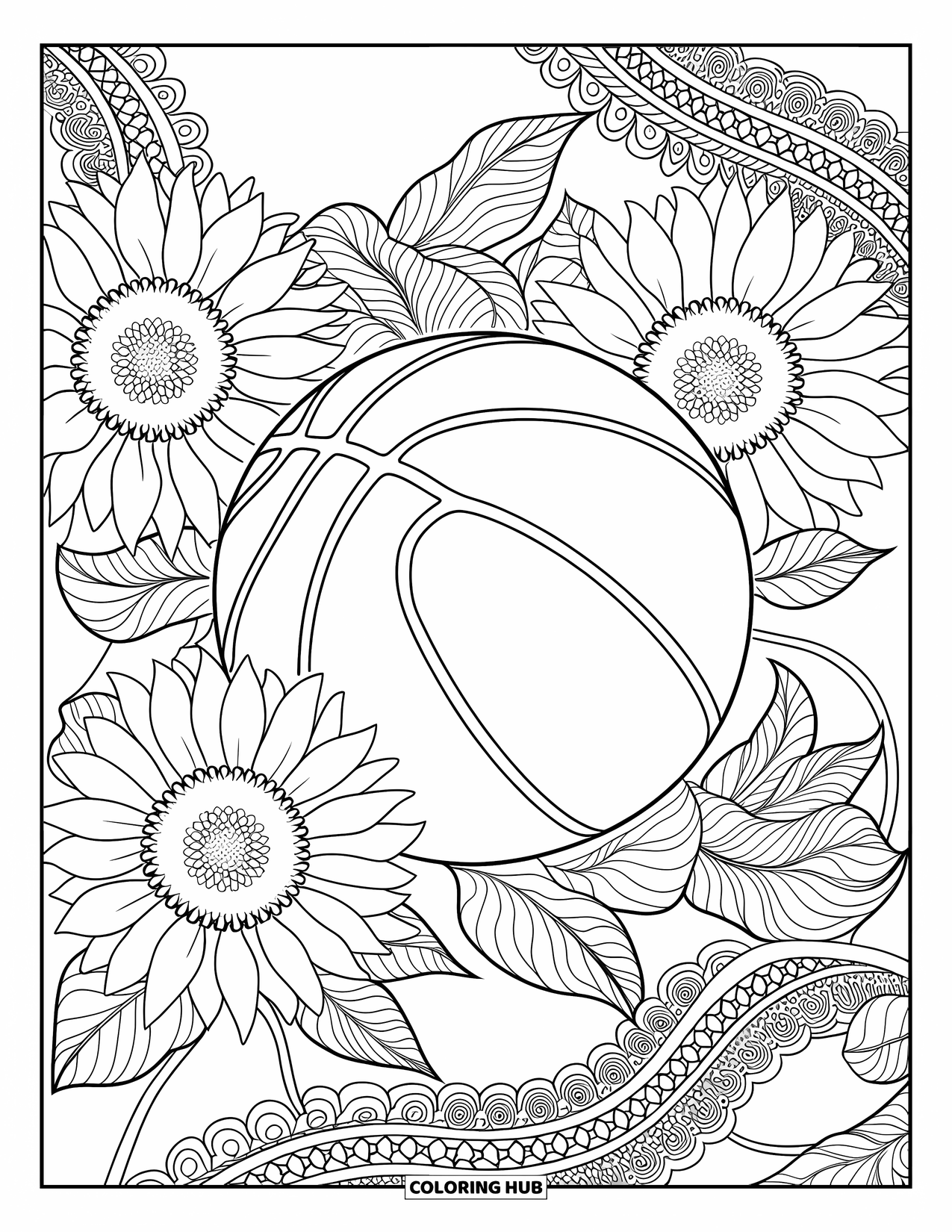 Ball Coloring Page for Adults: A textured basketball is framed by blooming sunflowers and intricate lace vines