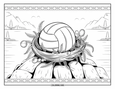 Coloriage de balle pour adultes : Un ballon de volley dans un écrin de fougères et de fleurs avec un paysage montagneux en arrière-plan