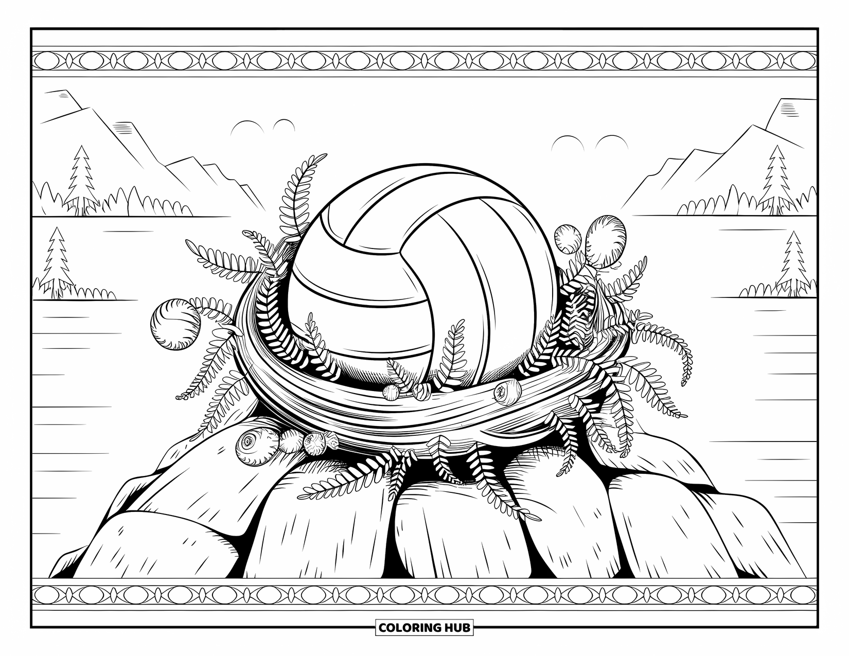 Ball Coloring Page for Adults: A volleyball in a bed of ferns and flowers with a scenic mountain landscape background