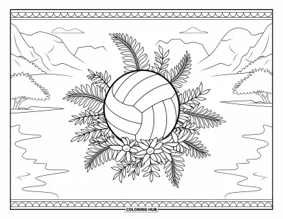 Coloriage de balle pour adultes : Un ballon de volley repose dans des fougères et des fleurs enroulées, encadré par des montagnes, des arbres et de l'eau