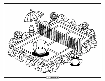 Coloriage de balle pour adultes : Une scène fantaisiste sur un court de tennis avec une balle kawaii, un tableau des scores et un parasol plié