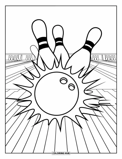 Coloriage de balle pour enfants : Une boule de bowling roule sur la piste et renverse des quilles qui explosent