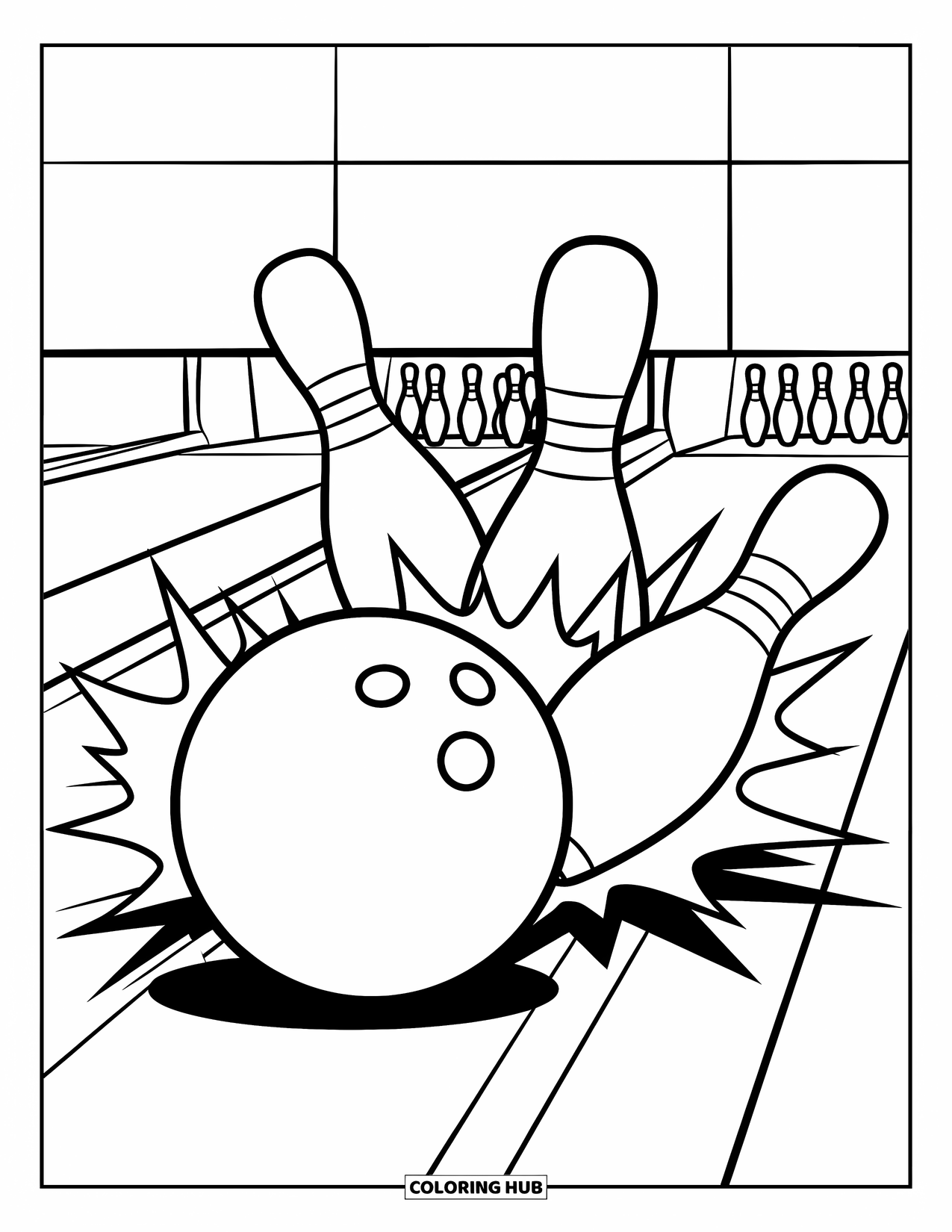 Ball Coloring Page for Kids: A ball strikes three pins on a clean lane with others standing nearby