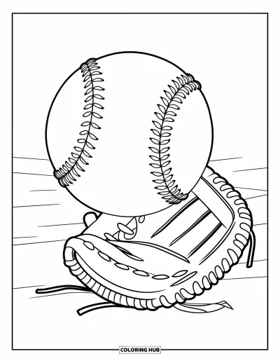 Coloriage de balle pour enfants : Un baseball vole au-dessus du sol avec un gant posé à côté