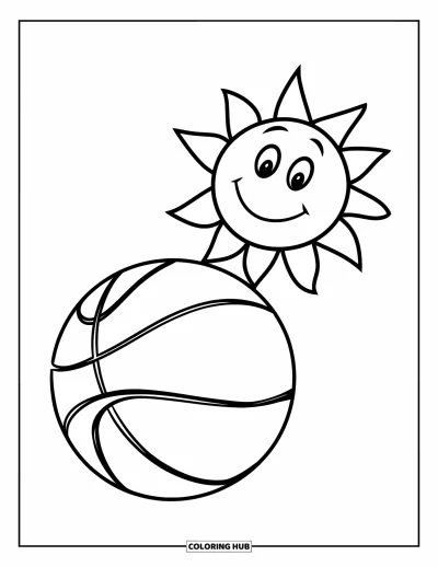 Coloriage de balle pour enfants : Un ballon de basketball et un soleil souriant illuminent une scène joyeuse et colorée
