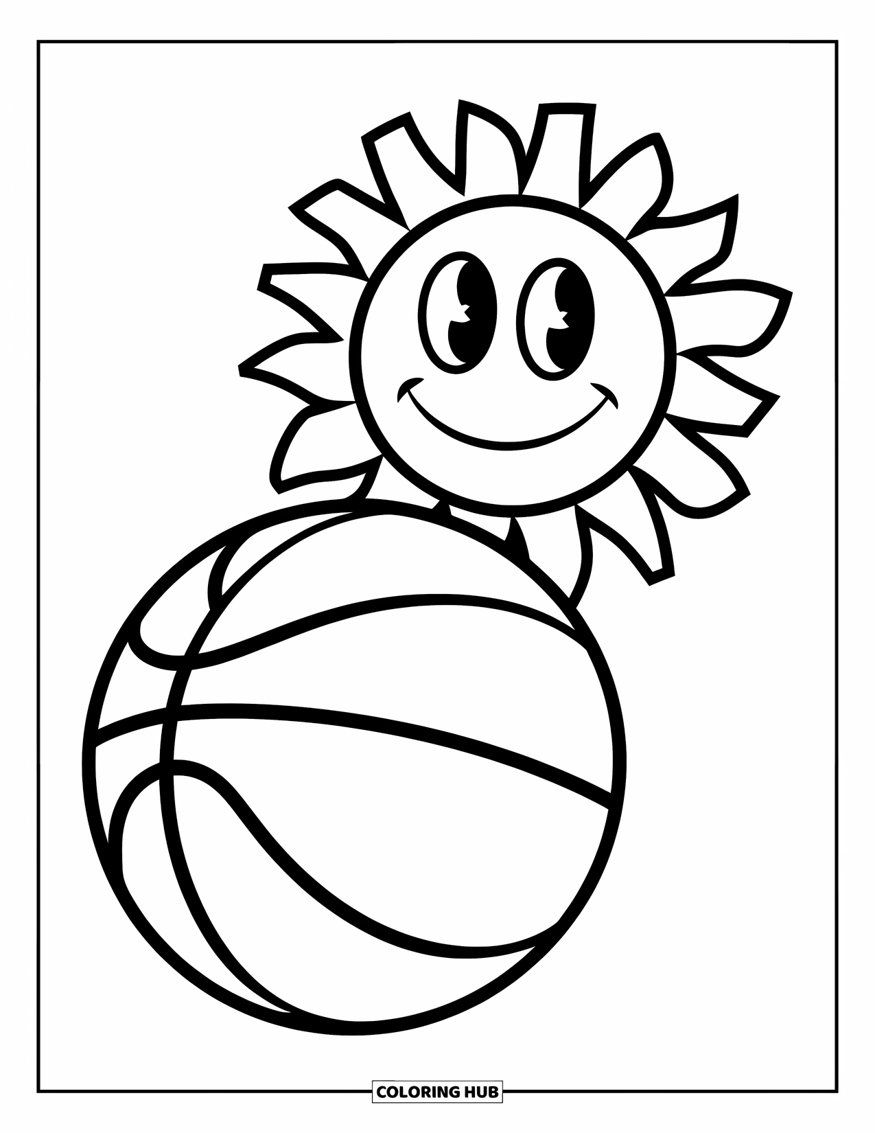 Ball Coloring Page for Kids: A basketball floats with a big smiley sun beaming above it
