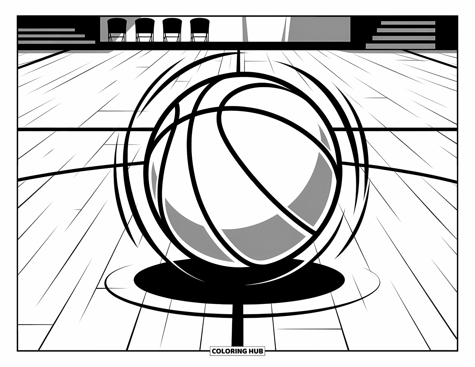 Ball Coloring Page for Kids: A basketball spins mid-air above a gym floor with chairs and a hoop nearby