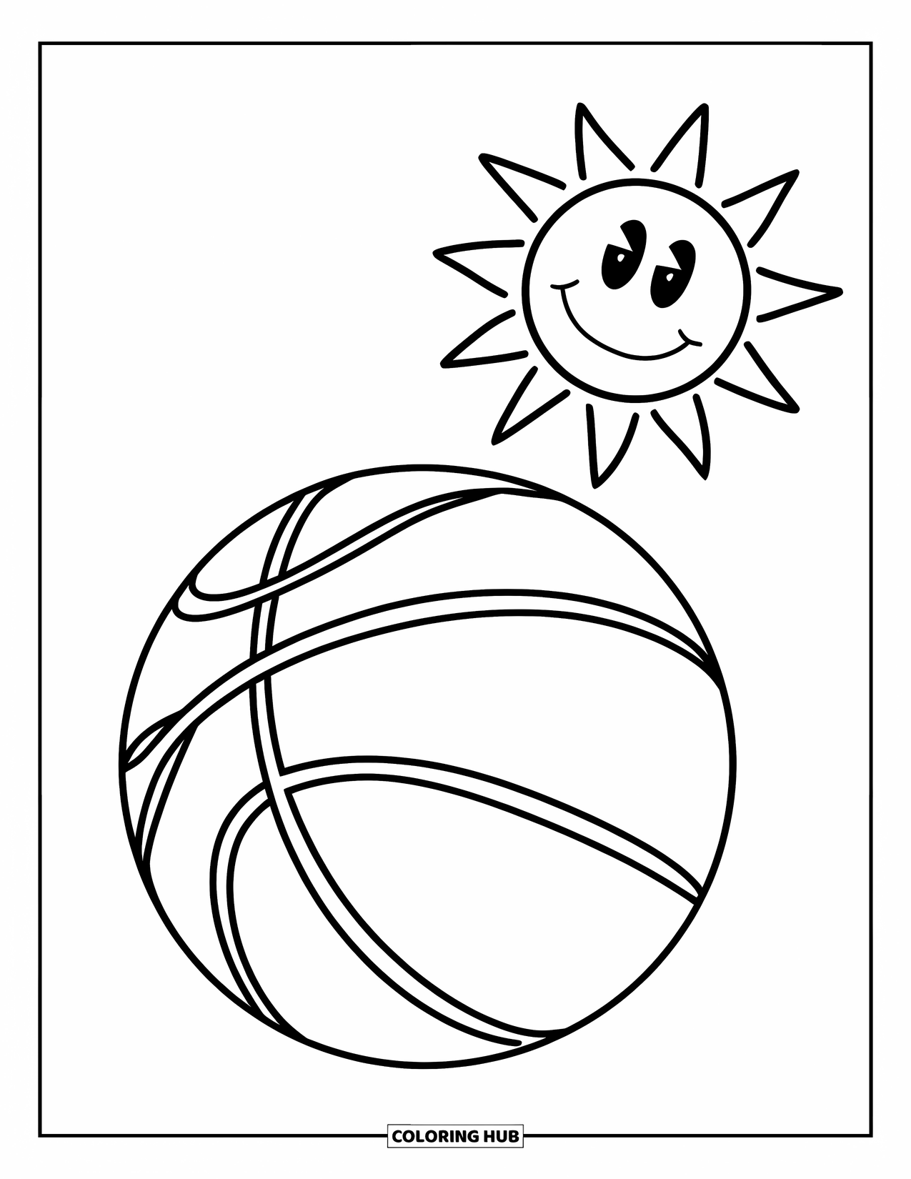 Ball Coloring Page for Kids: A basketball spins mid-air while a cheerful sun shines above