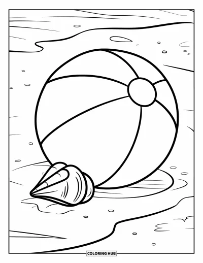 Coloriage de balle pour enfants : Un ballon de plage à rayures courbées et visage souriant est posé près d'un petit coquillage