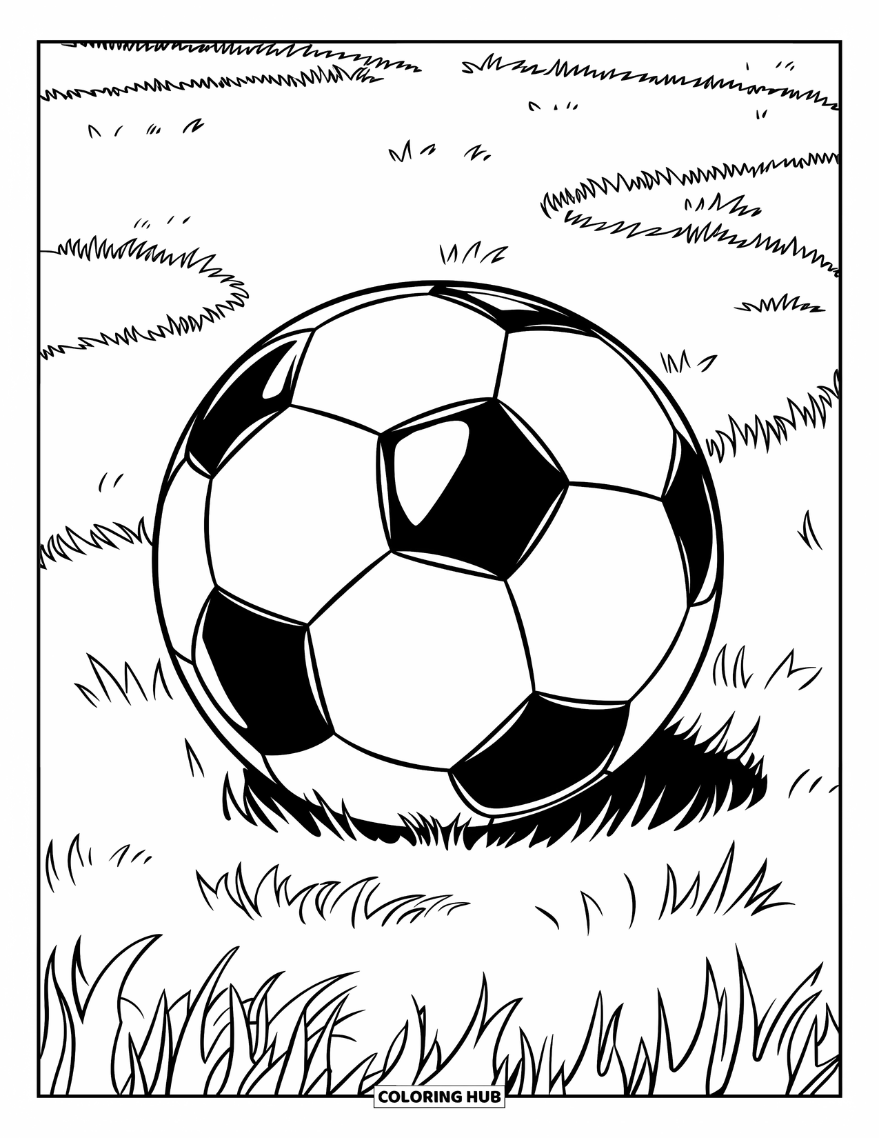 Ball Coloring Page for Kids: A bold soccer ball sits on curvy grass lines with no extra details