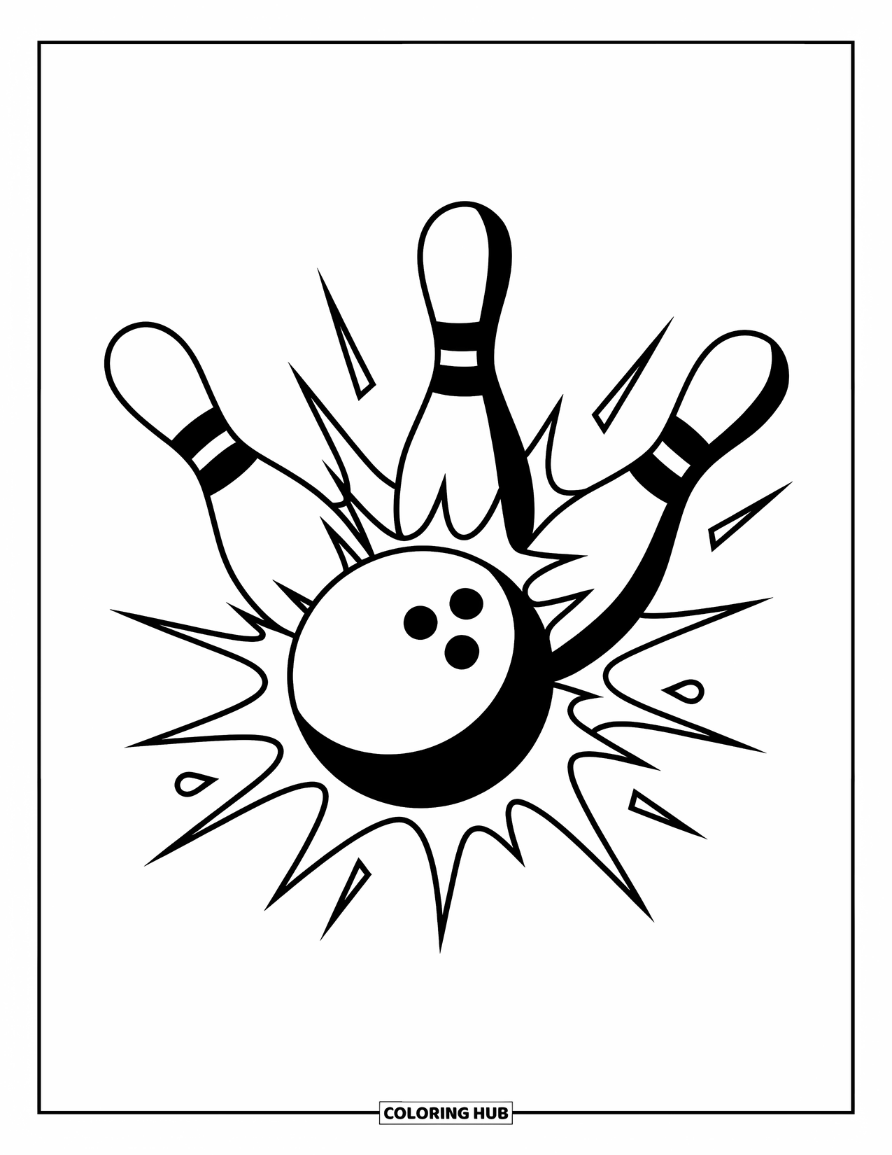 Ball Coloring Page for Kids: A bowling ball crashes into three exploding pins with sparks around