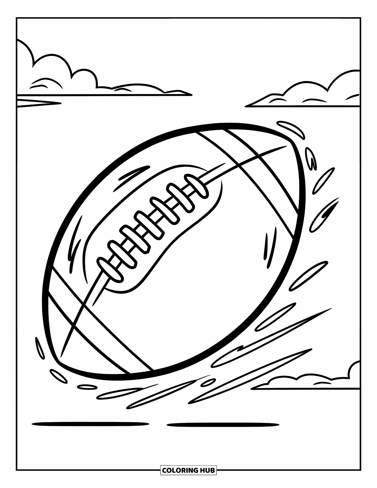 Ball Coloring Page for Kids: A football spins under a cloudy sky with motion lines trailing behind
