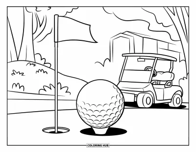 Coloriage de balle pour enfants : Une balle de golf et un chariot reposent près d'arbres et d'un petit bâtiment