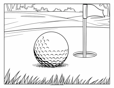 Coloriage de balle pour enfants : Une balle de golf s'approche du trou avec un drapeau et quelques arbres derrière