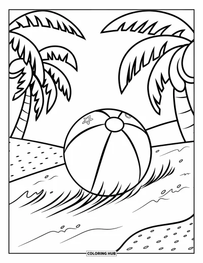 Coloriage de balle pour enfants : Un ballon de plage coloré roule près de palmiers avec des projections de sable