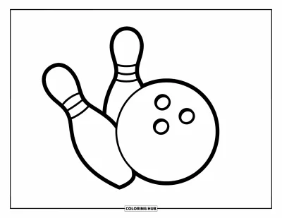 Coloriage de balle pour enfants : Une boule de bowling rigolote et deux quilles forment une scène simple et amusante à colorier