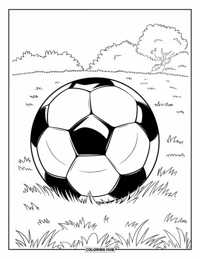 Coloriage de balle pour enfants : Un ballon de foot légèrement cabossé repose sur une pelouse soignée avec un petit arbre derrière