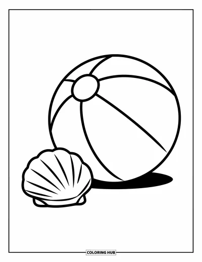 Coloriage de balle pour enfants : Un ballon de plage souriant repose sur le sable à côté d'un petit coquillage