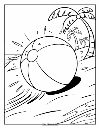 Coloriage de balle pour enfants : Un ballon de plage souriant roule sur le sable sous des palmiers et un soleil pointillé