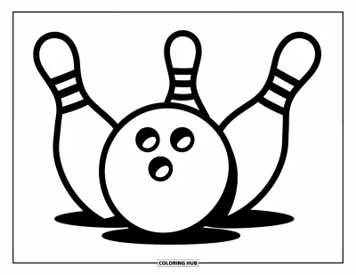 Coloriage de balle pour enfants : Une boule de bowling lisse repose près de deux quilles aux contours marqués