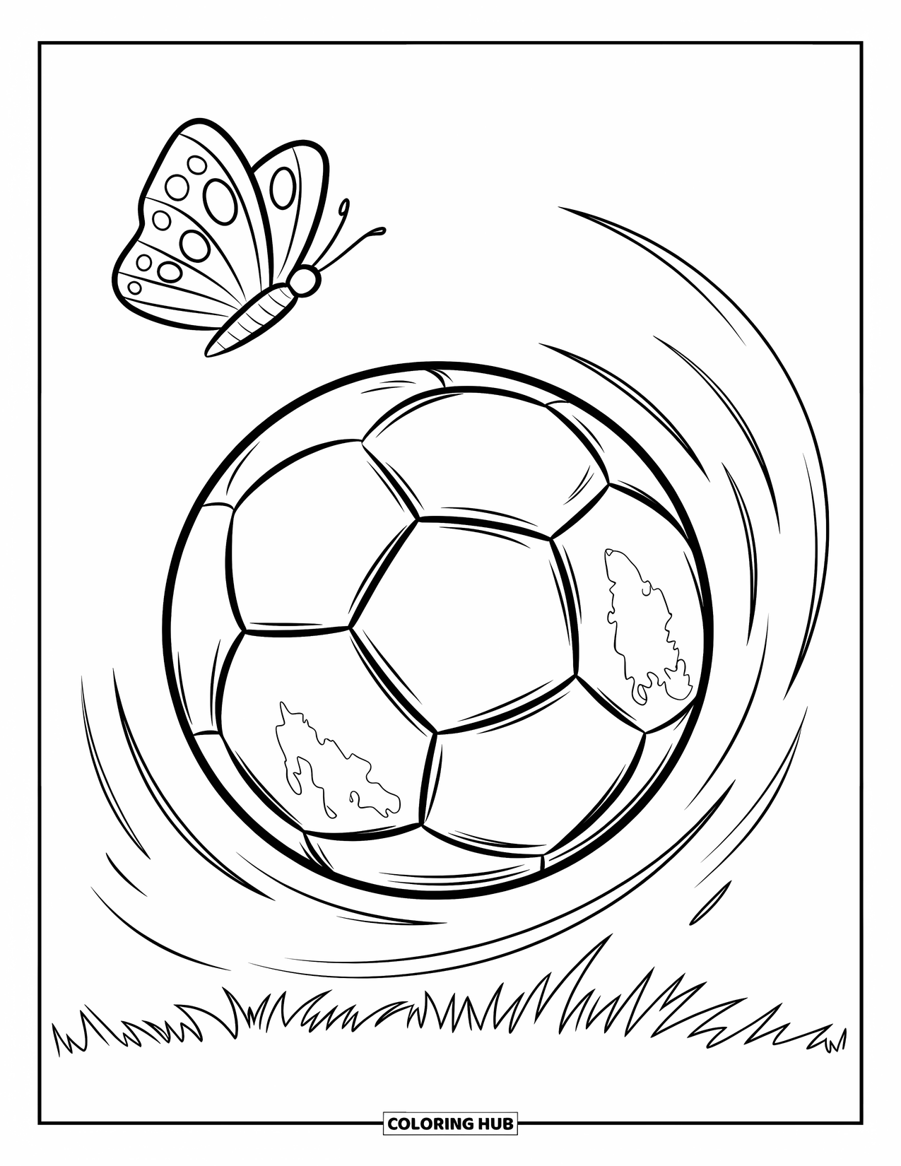 Ball Coloring Page for Kids: A soccer ball floats mid-air with a tiny butterfly and a grassy field below