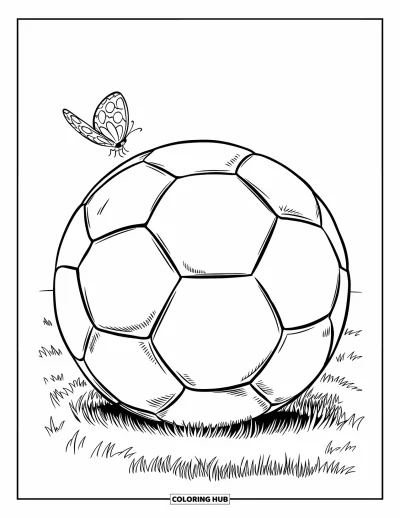 Coloriage de balle pour enfants : Un ballon de foot repose sur un terrain avec un papillon qui déploie ses ailes à côté