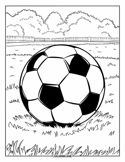 Coloriage de balle pour enfants : Un ballon de foot repose sur l'herbe avec des arbres et une clôture au loin