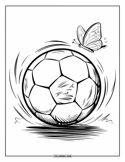 Coloriage de balle pour enfants : Un ballon de foot tourne dans les airs pendant qu'un papillon volette à ses côtés