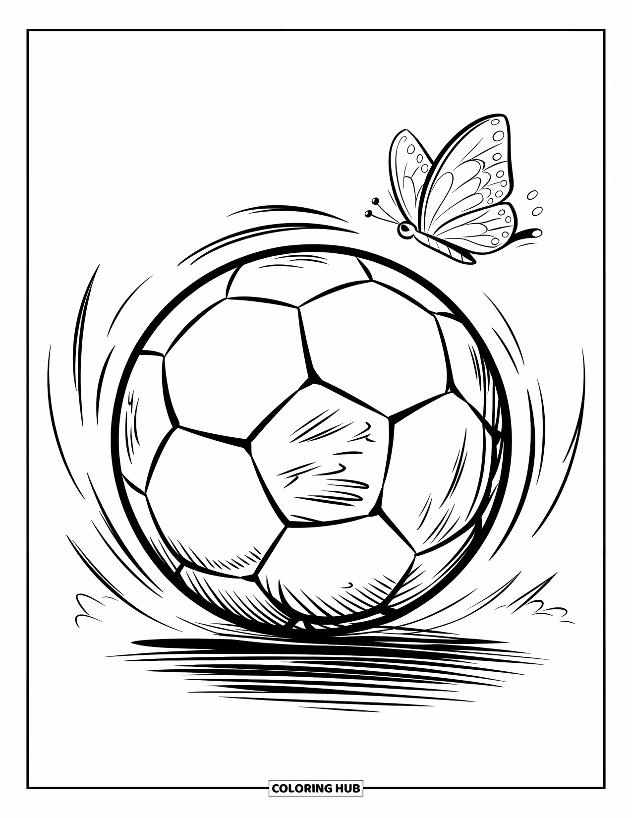Ball Coloring Page for Kids: A soccer ball spins through the air while a butterfly flutters beside it