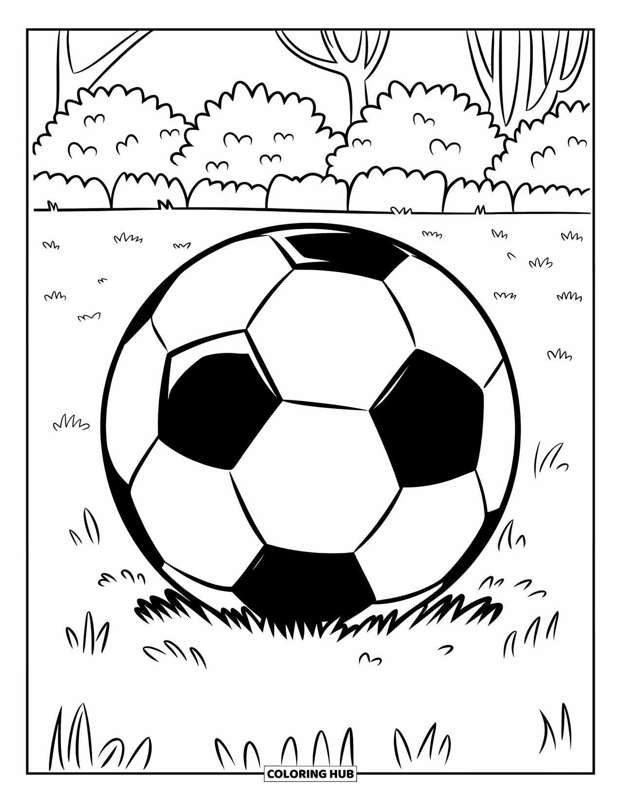 Ball Coloring Page for Kids: A soccer ball with bold patches lies on patterned grass with trees and a fence