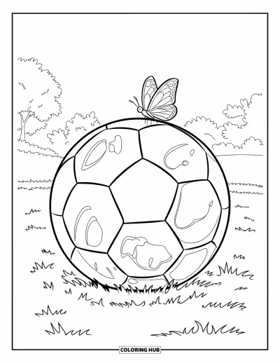 Coloriage de balle pour enfants : Un ballon de foot avec des zones abîmées est posé dans l'herbe avec un papillon au-dessus