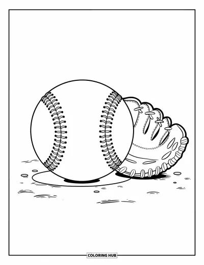 Coloriage de balle pour enfants : Un baseball cousu flotte près d'un gant sur un fond blanc épuré