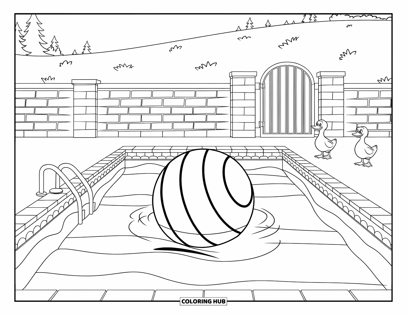 Ball Coloring Page for Kids: A striped ball drifts in a pool as two ducks stand nearby
