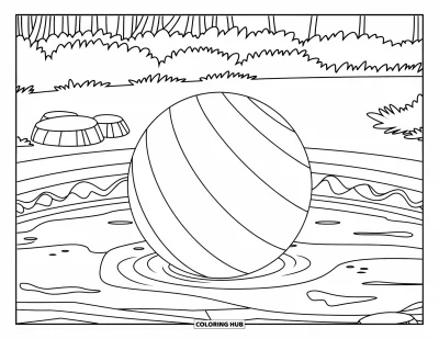 Coloriage de balle pour enfants : Un ballon rayé flotte dans une piscine paisible entourée de rochers et d'arbres