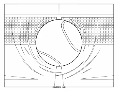 Coloriage de balle pour enfants : Une balle de tennis flotte en l'air avec la silhouette douce d'un filet derrière elle