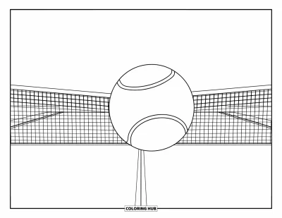 Coloriage de balle pour enfants : Une balle de tennis file en ralenti près d'un filet sur fond blanc