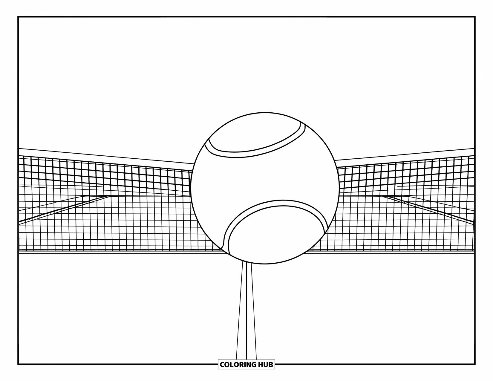 Ball Coloring Page for Kids: A tennis ball in slow motion flies near a net against a white background