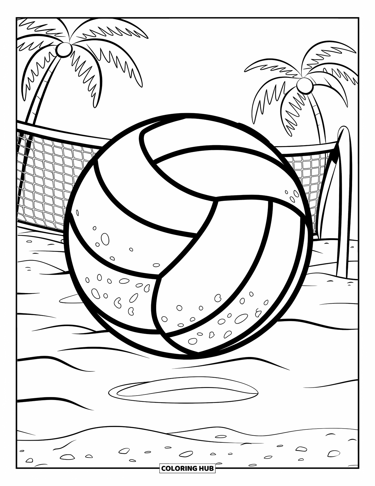 Ball Coloring Page for Kids: A volleyball floats mid-air near a net and palm trees on the beach