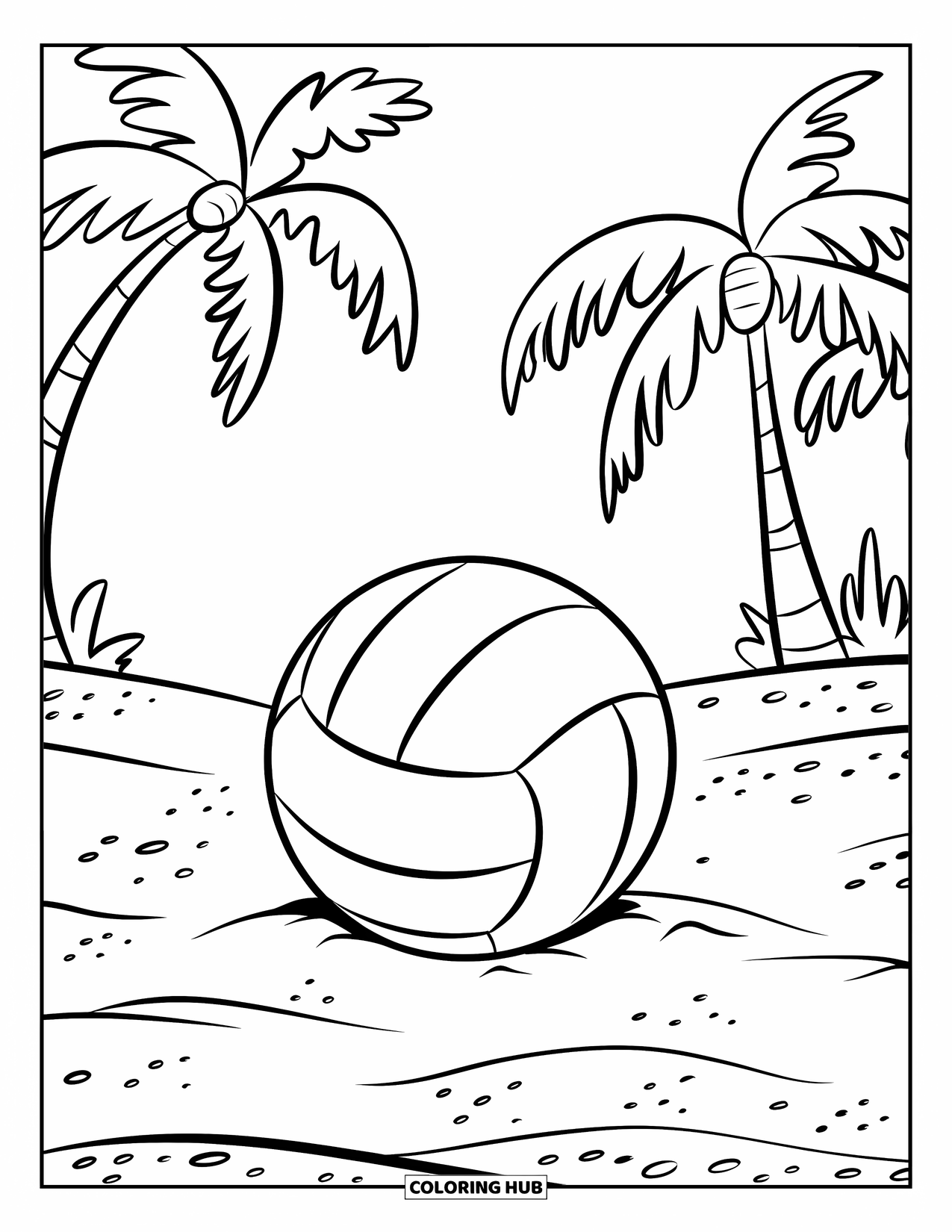 Ball Coloring Page for Kids: A volleyball lies in beach sand with scattered sand specks nearby
